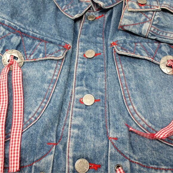 Vintage M/L HystericEtVous Crop Denim Jean Jacket Western Red Gingham Cowgirl - Picture 11 of 16